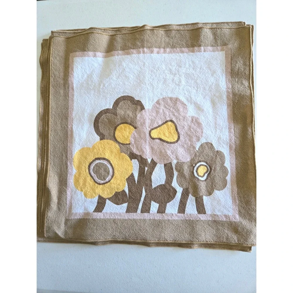 Vintage 70s Floral Cloth Napkins Set of 6 Brown Tan Yellow Retro MCM Mid-Century